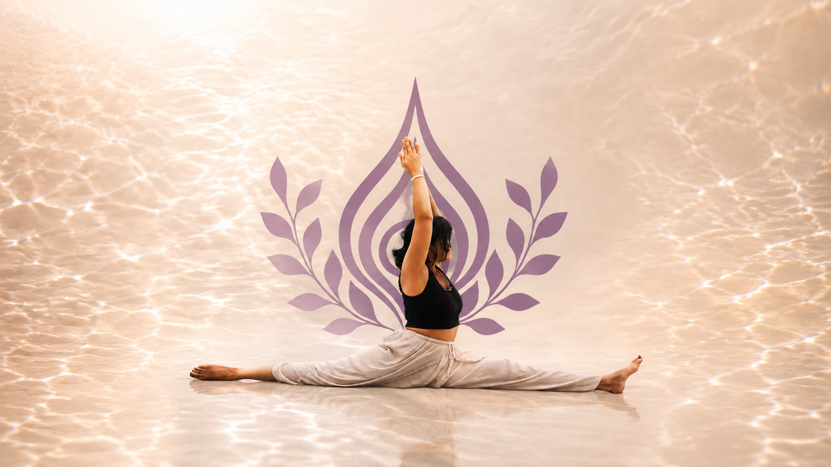 Woman in a seated yoga split beneath soft light, with the Rhea Retreats mark