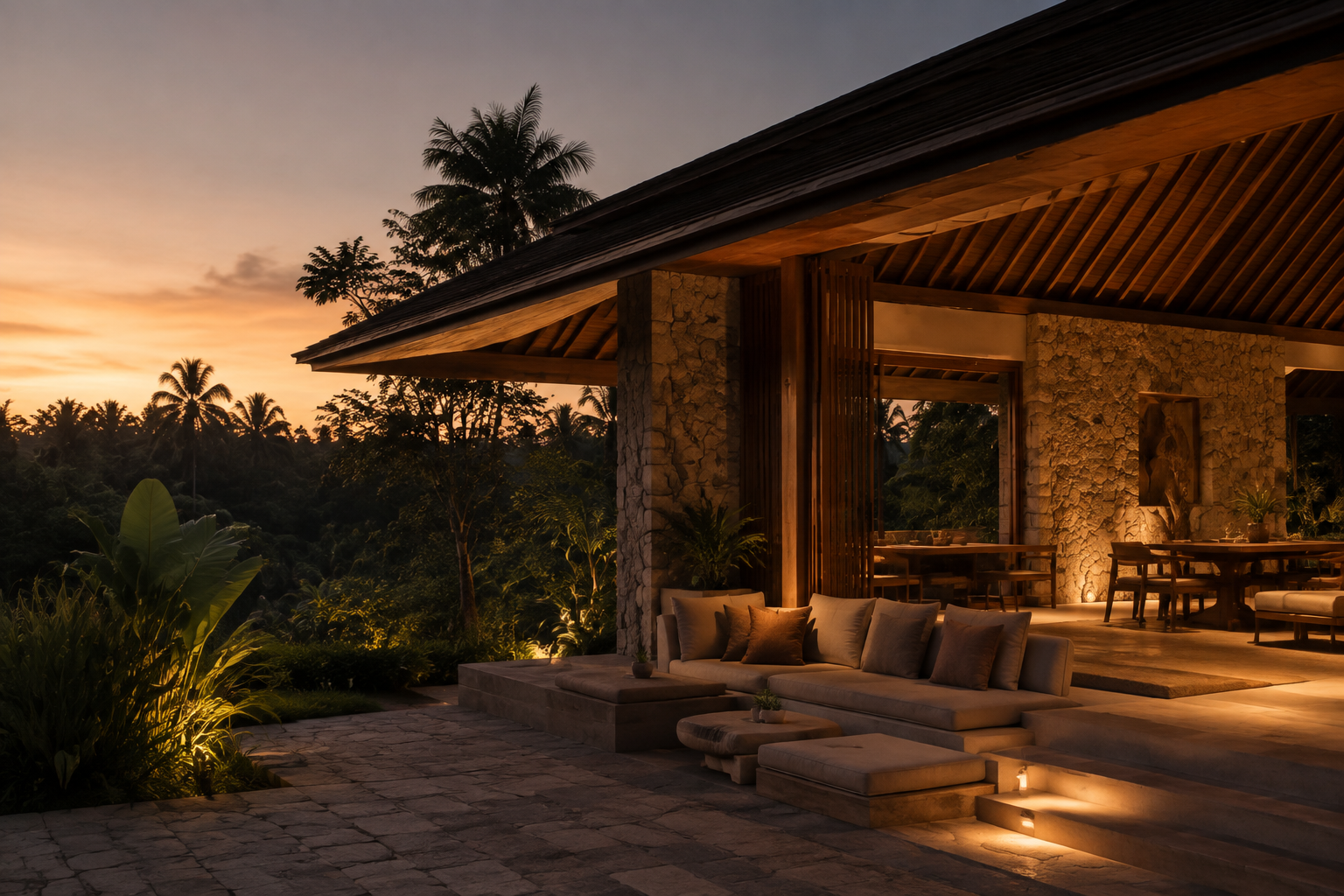 Warmly lit villa terrace at dusk surrounded by lush greenery