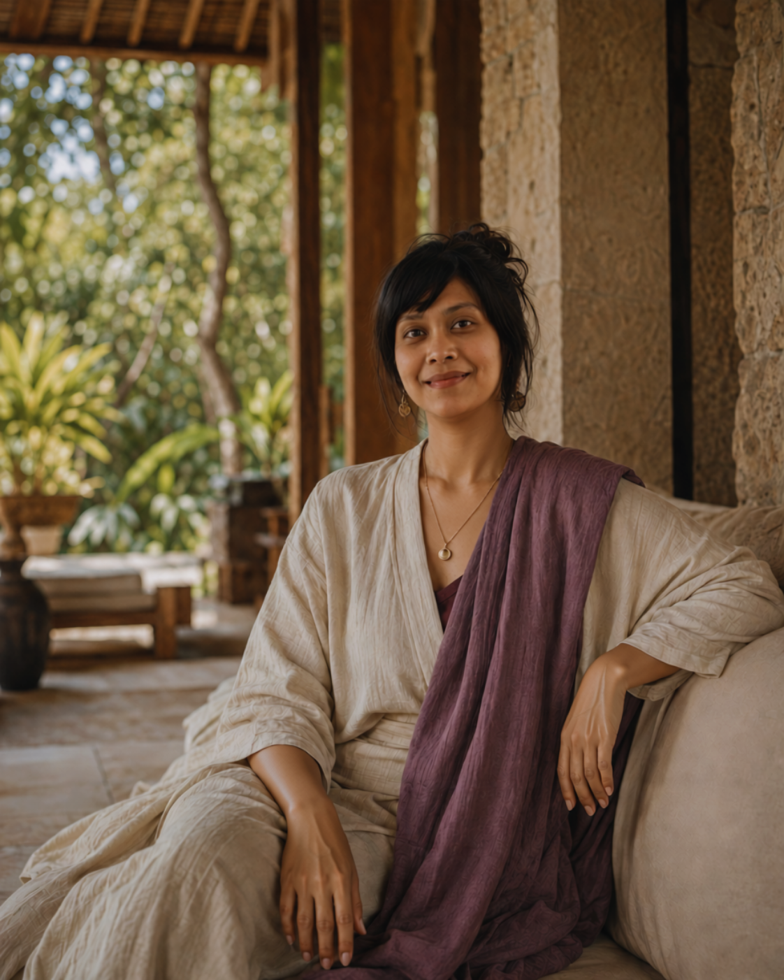 Rajvin Kaur, founder of Rhea Retreats, seated in a garden pavilion