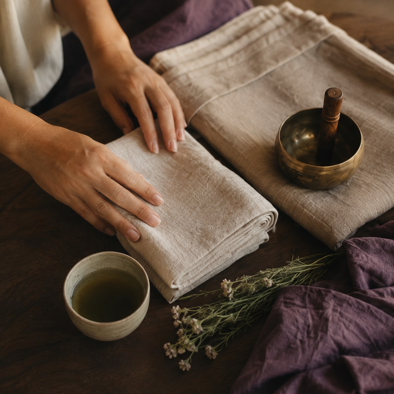 Hands resting on folded linen beside a singing bowl, tea and dried flowers
